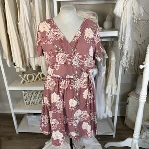 Derek Hart Plus size 2X pink floral faux wrap dress, summer, soft girl, #3965